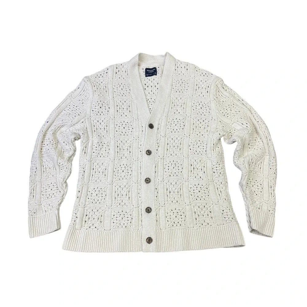 Abercrombie & Fitch Crochet Cardigan Sweater Mens XL Cream White Button Front
